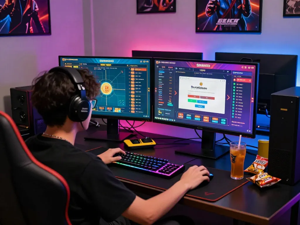 Engaged user at Seributoto Login in a dynamic online gaming setup with dual monitors and gaming gear.