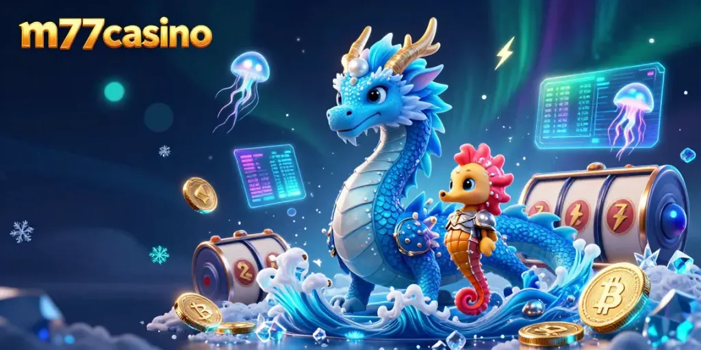 M77casino menghadirkan ilustrasi kasino yang memukau dengan naga air dan pelaut berani.