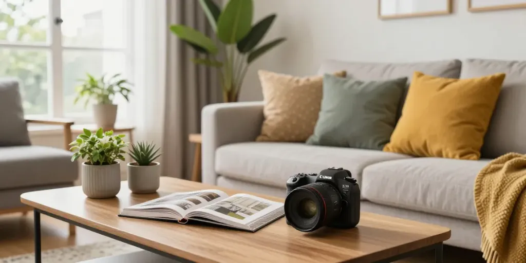 Dewitogel menampilkan ruang tamu modern dengan sofa nyaman dan tanaman indoor menambah suasana yang hangat.