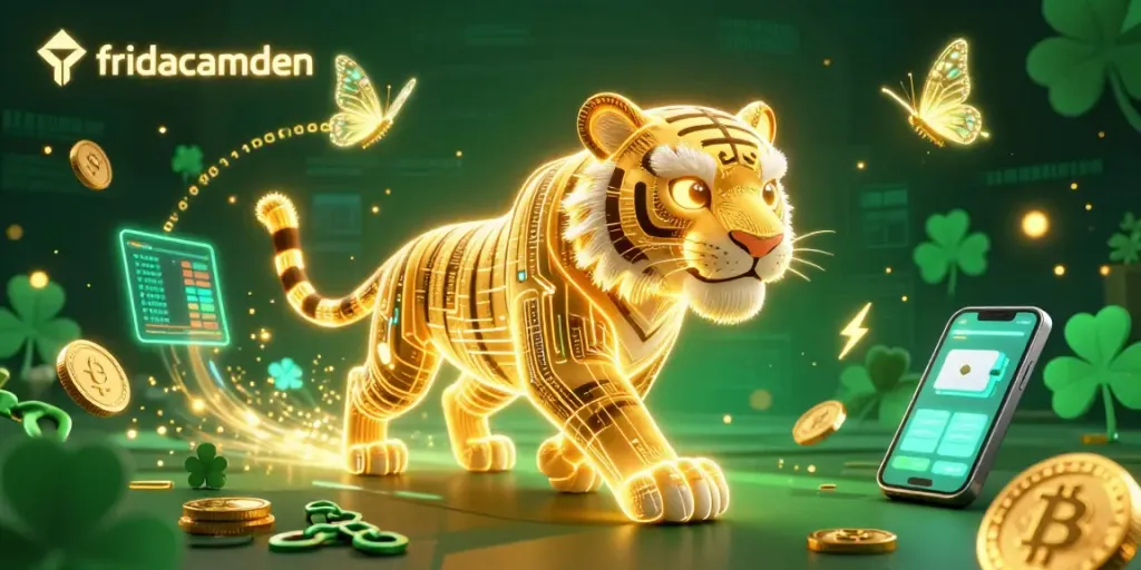 Engage with fridacamden's thrilling digital casino experience illuminated by a neon golden tiger and cryptocurrency elements.
