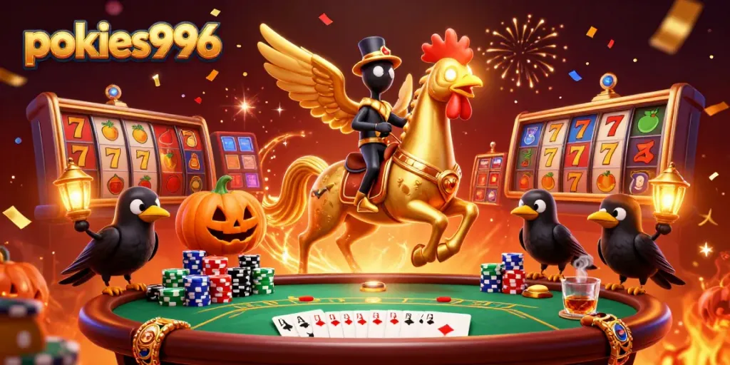 Spin and win with pokies996 as the golden rooster champion rides through a vibrant casino.