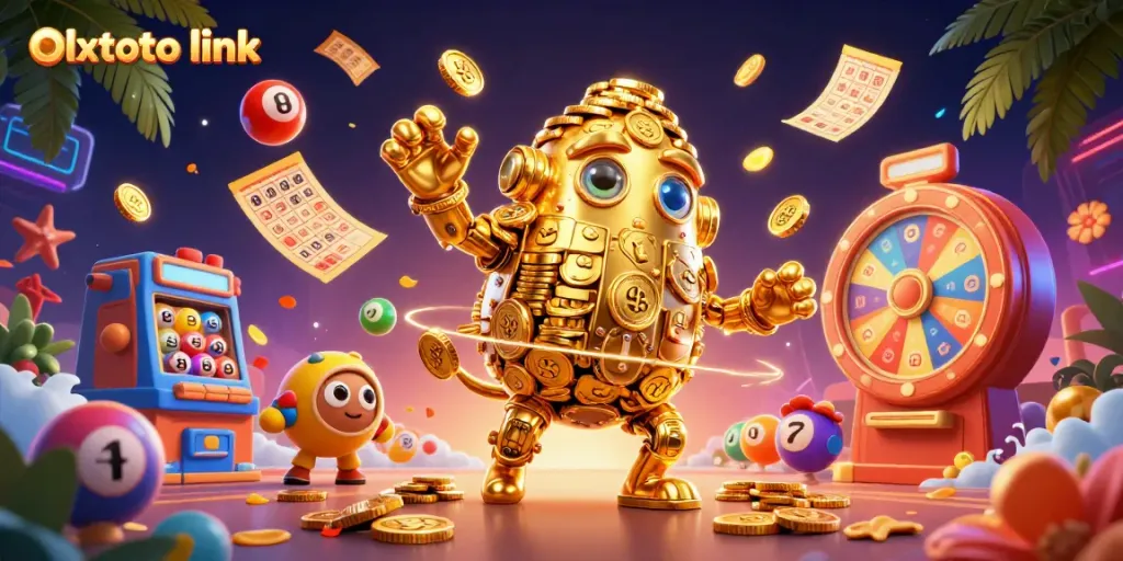 Engage with the olxtoto link as the golden golem conjures excitement in a vibrant casino scene.
