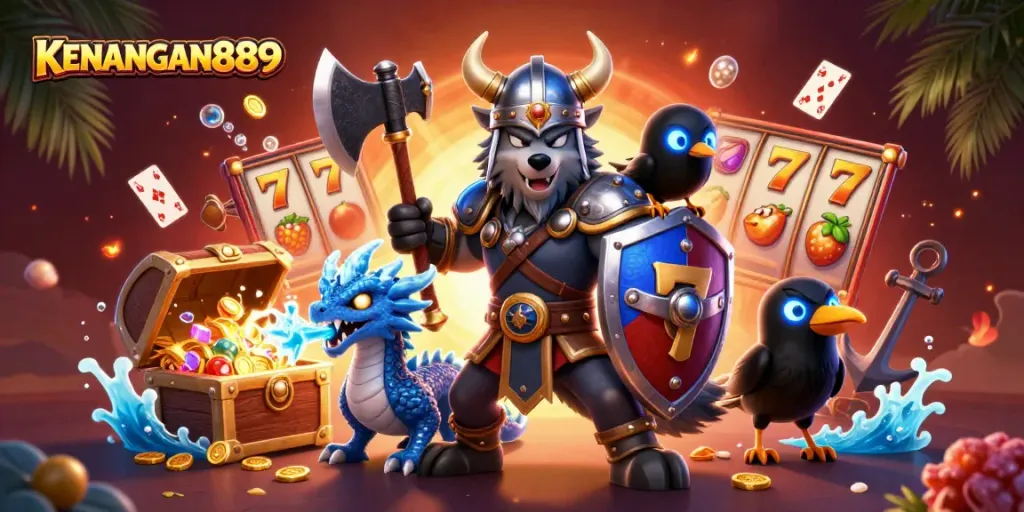 Experience exhilarating wins with KENANGAN889 in this vibrant 3D casino scene featuring dynamic slot elements.