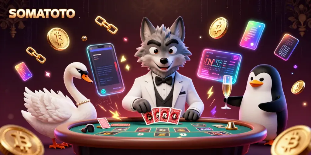 Permainan kartu baccarat oleh karakter SOMATOTO yang berpakaian elegan di kasino digital 3D.