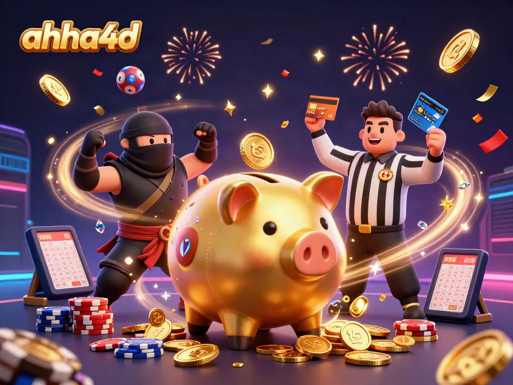Win big with ahha4d as a golden piggy bank sumo wrestler drops coins, amidst a lively lottery scene.