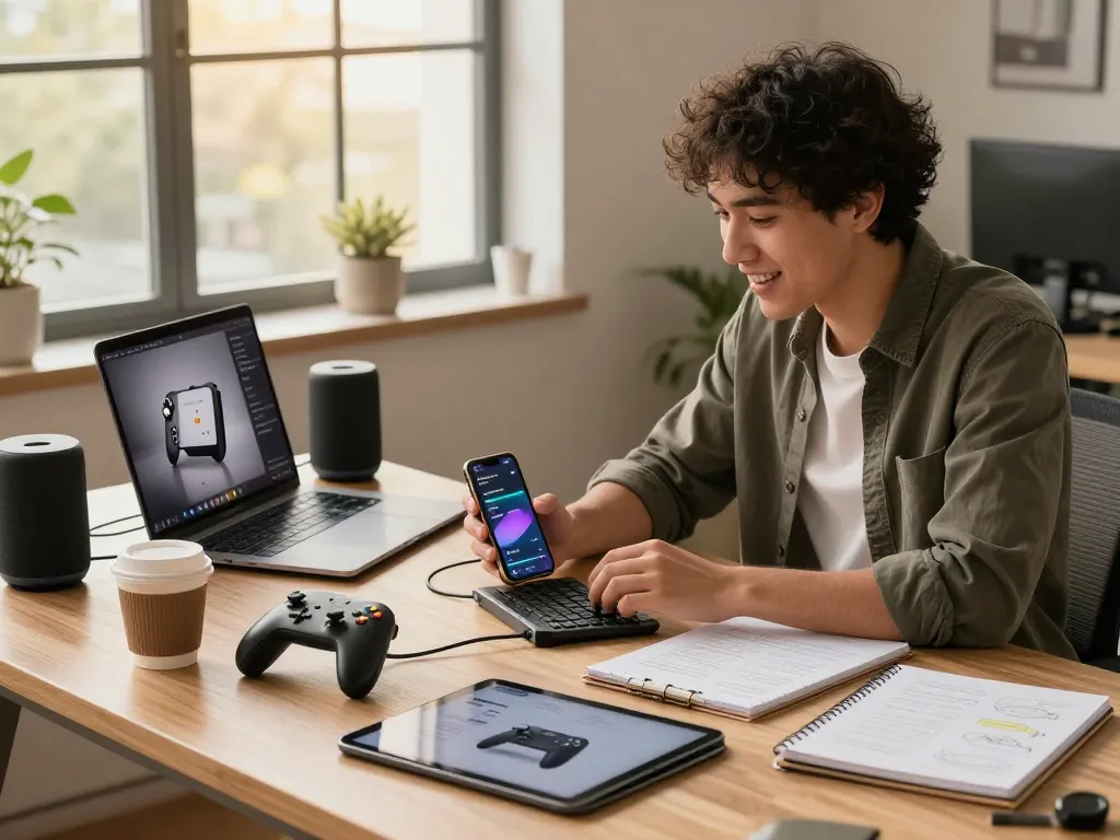 Exploring trending tech gadgets in a modern workspace with innovative Bluetooth devices and tech tools.