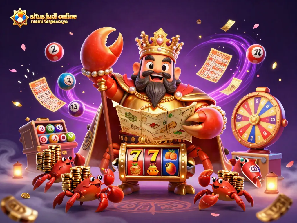 Situs judi online resmi terpercaya showcases a dynamic illustration of a golden crab emperor in a vibrant casino environment.
