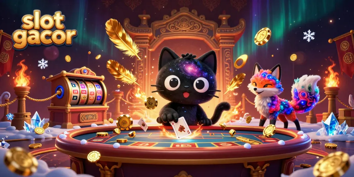 Gali keberuntungan di slot gacor dengan pasangan karakter kucing hitam dan rubah nebula mengelilingi meja kasino.