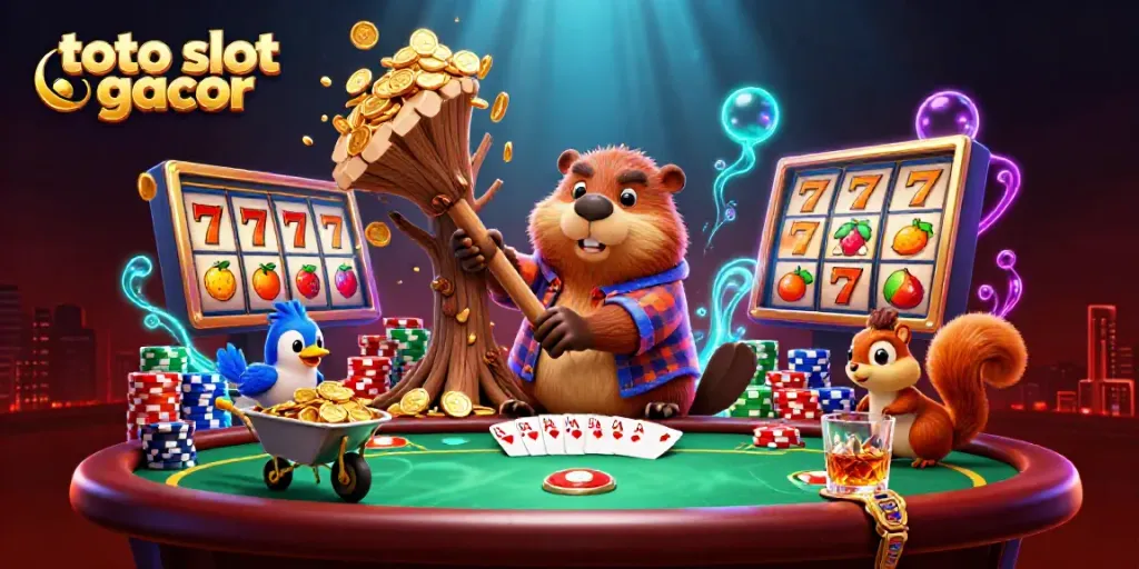 Menang besar dengan toto slot gacor, berang-berang, burung, dan tupai di dunia slot yang cerah.