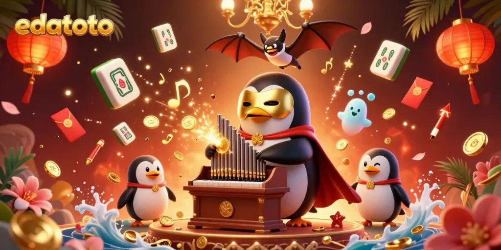 Gambarkan penguin opera yang memimpin musik di edatoto, dikelilingi koin emas dan elemen judi menarik.