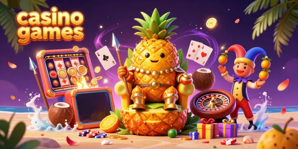 Engage in thrilling casino games with a vibrant 3D scene featuring a pineapple king and playful characters.