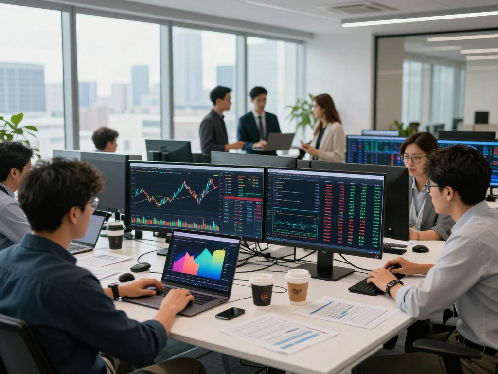 Analysts discussing MEXC US Stocks with live market data screens in modern office.