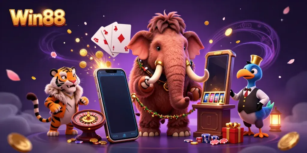 Experience thrilling gameplay at Win88 with cartoony mascots inviting players into the casino.
