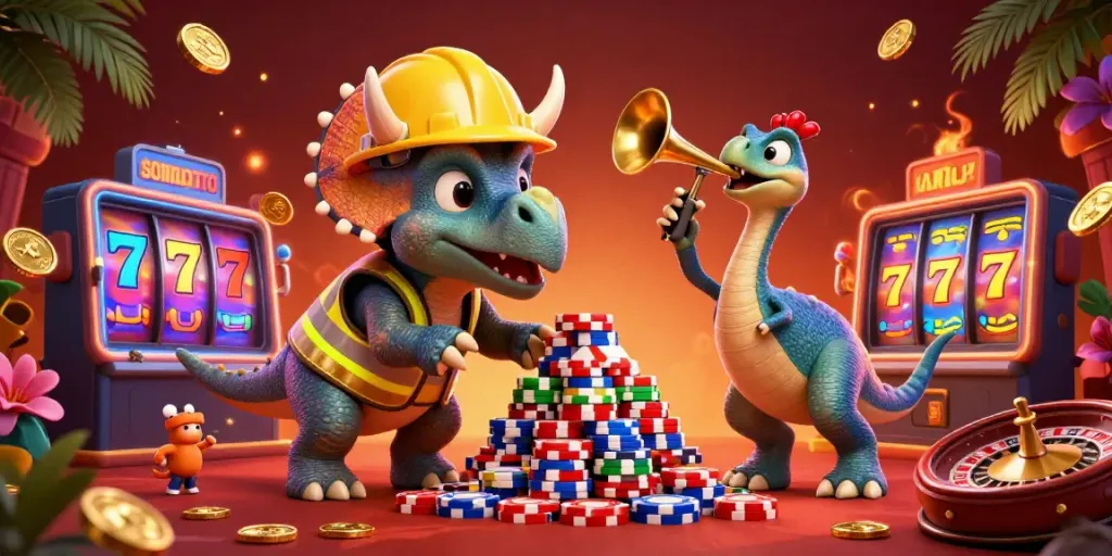 SOMATOTO casino illustration showcasing cartoon dinosaurs celebrating a poker chip pyramid in a vibrant gaming atmosphere.