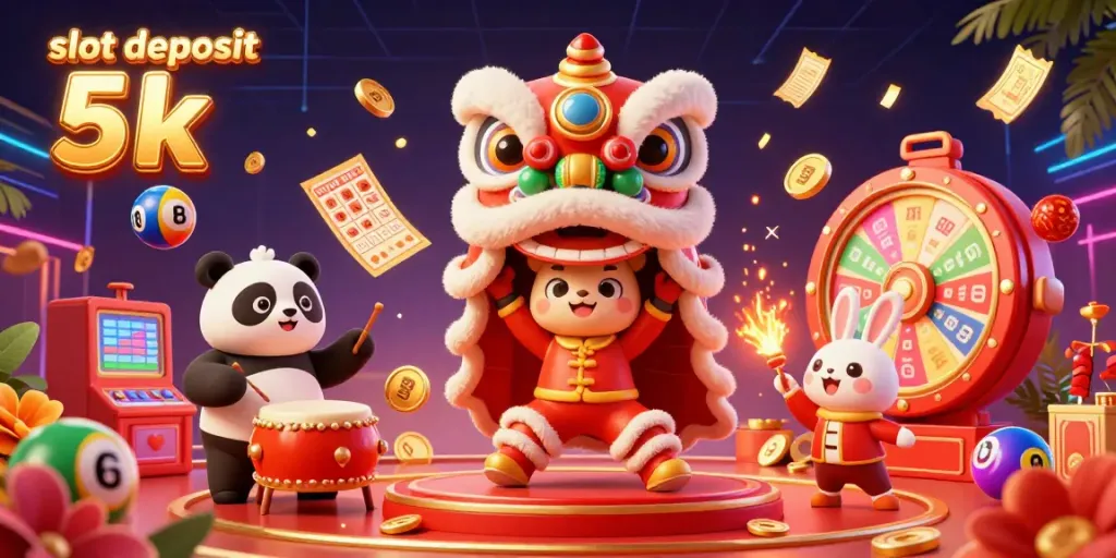 Visualisasi slot deposit 5k yang dinamis dengan karakter lucu dan elemen permainan menarik.