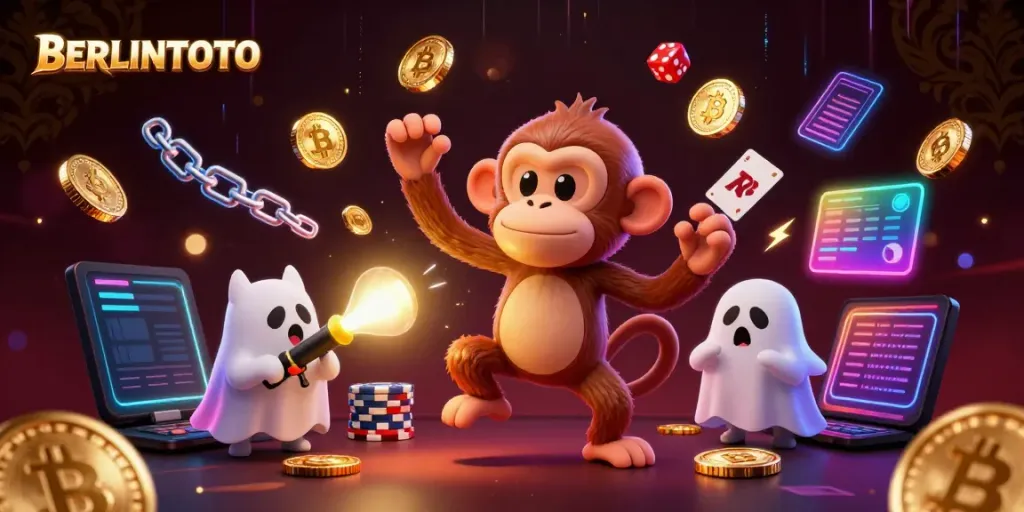 Engage with BERLINTOTO in this dynamic casino scene featuring a magical monkey juggling treasures amidst cryptocurrency elements.