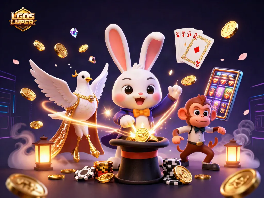 Experience the magic of LGOSUPER with a rabbit, dove, and monkey in a vibrant casino scene.