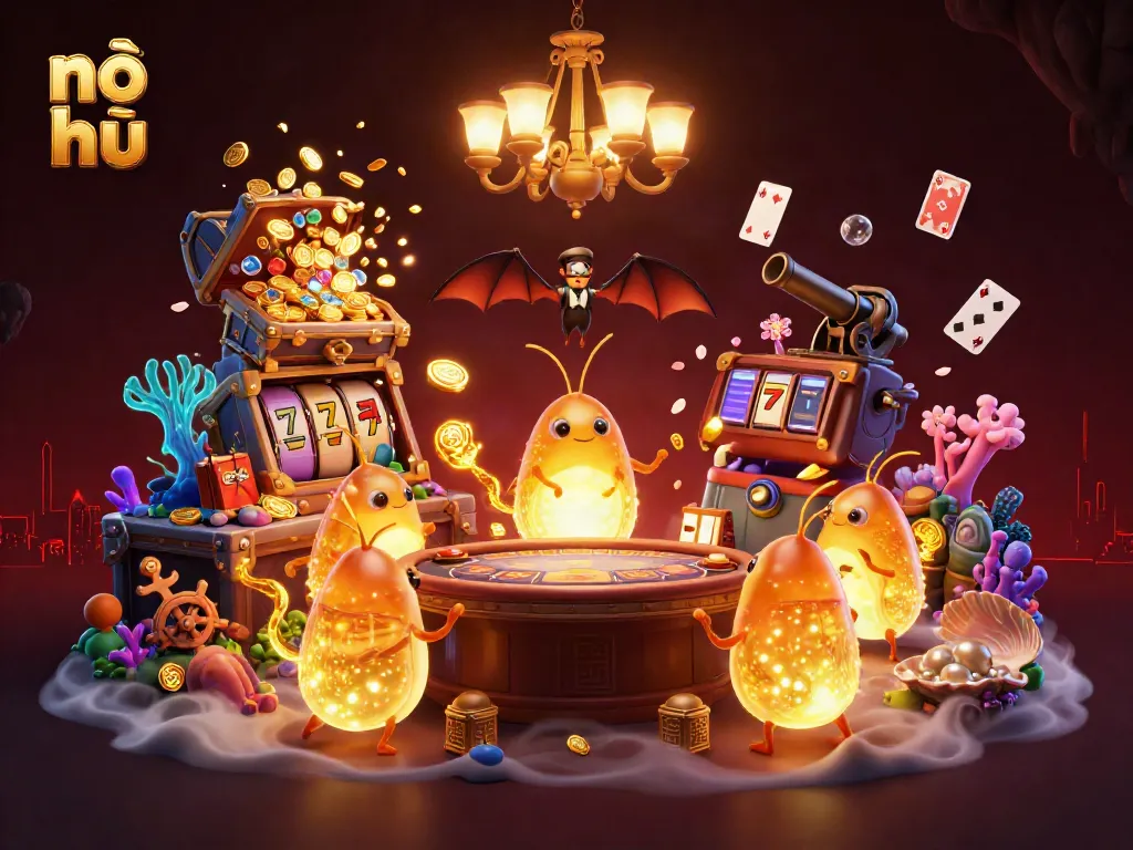 Experience nỗ hũ excitement in a vibrant, bioluminescent casino scene filled with gold coins and slot reels.