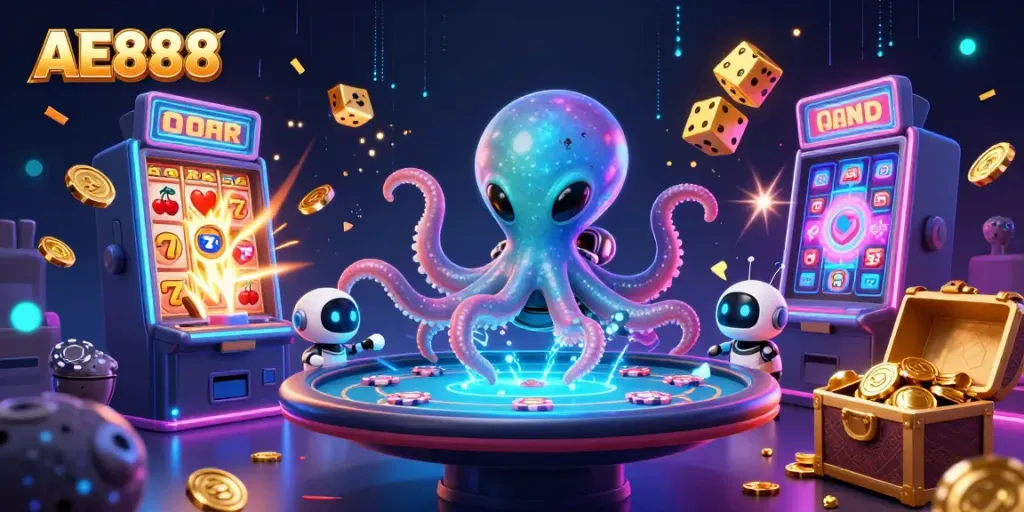 Engage with AE888 as a vibrant alien octopus plays holographic poker amidst exploding jackpots and animated game elements.