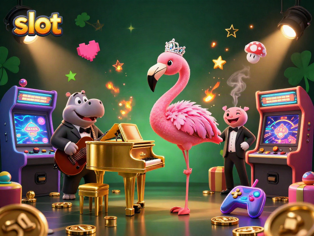 Putar slot dengan karakter flamingo dan hippo di kasino yang megah dan penuh warna.