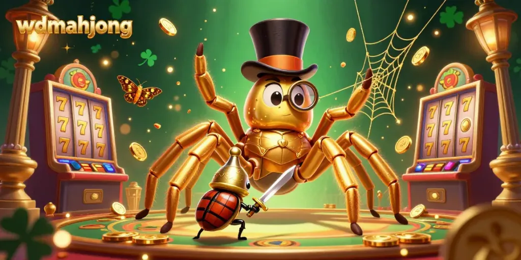 Engage in the exciting world of wdmahjong with golden slot machines and characters in a casino-themed illustration.