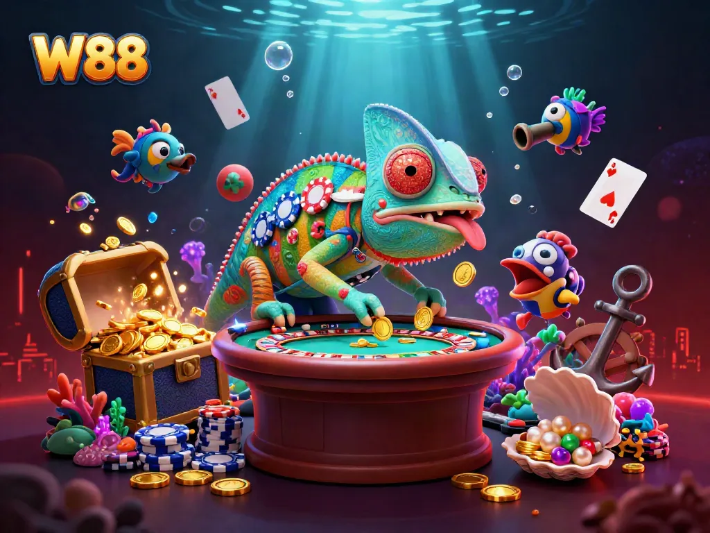 Experience thrilling casino action at W88 with a colorful chameleon owner amidst vibrant treasure elements.