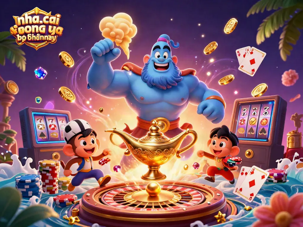 Engage with nha cai bong da uy tin phổ biến hiện nay featuring a lively 3D cartoon scene with a powerful genie, playful monkey, and dynamic sports betting elements.