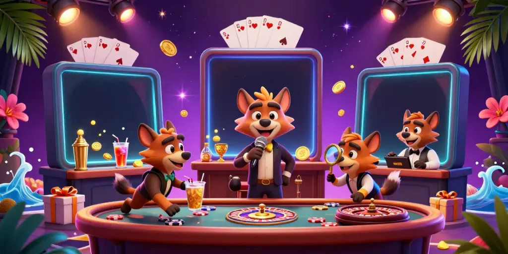 LUCUBET hyenas running a lively casino club, showcasing exciting gambling activities and vibrant game elements.