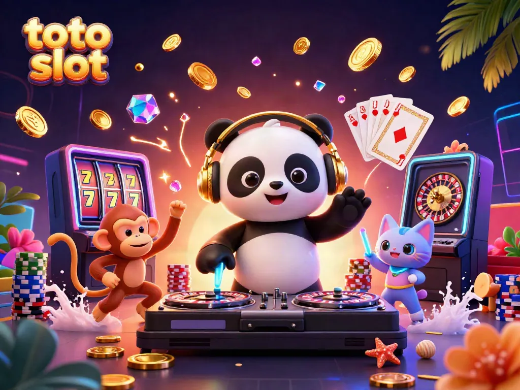 Permainan toto slot yang seru dengan panda DJ, monyet, dan kucing di latar belakang gemerlap.