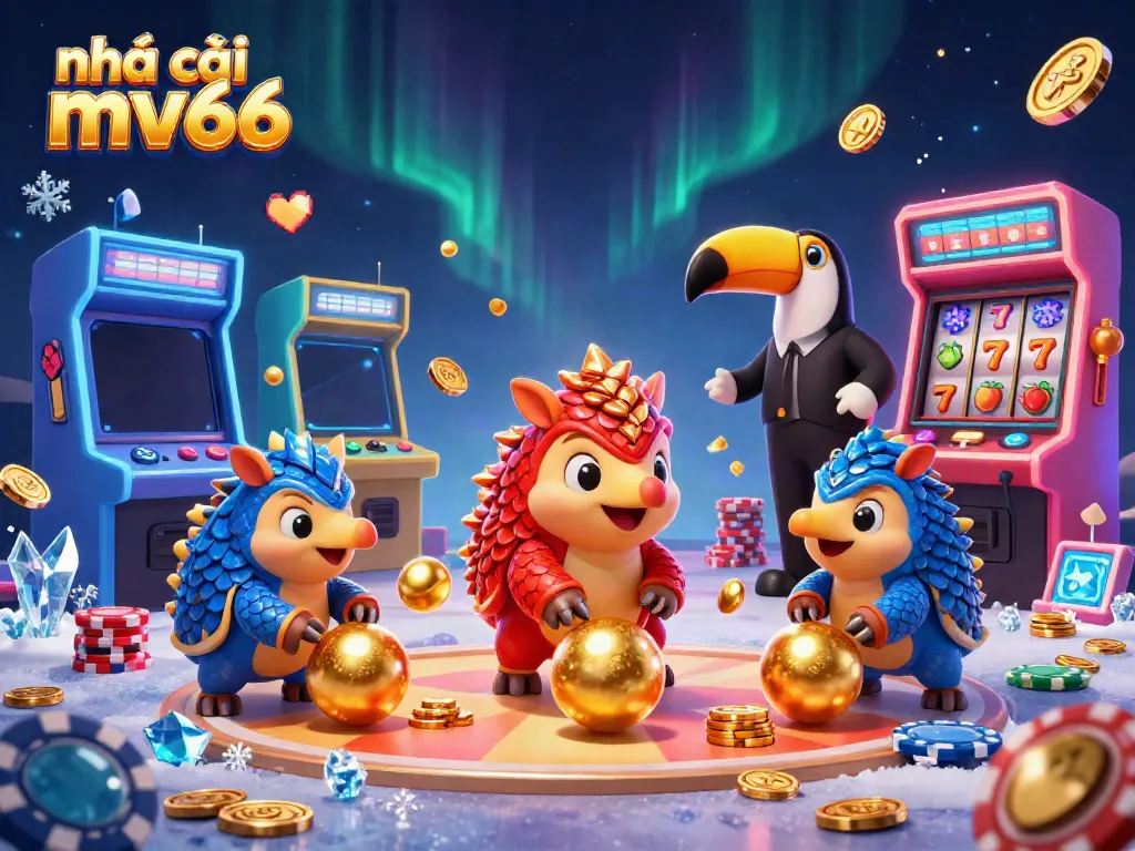 Join the fun at nhà cái mv66 with playful pangolins in a dynamic casino scene.
