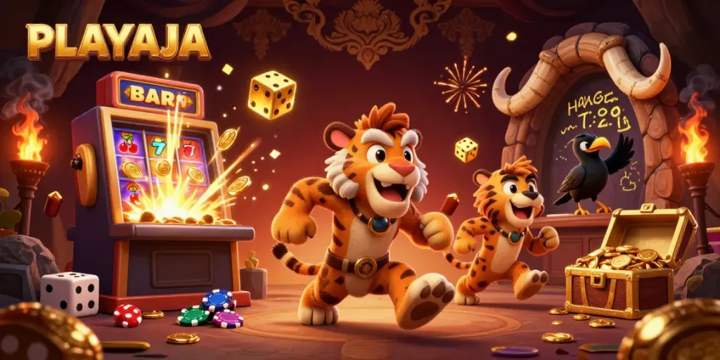 Experience the vibrant casino atmosphere with PLAYAJA featuring cartoon characters and dynamic gaming elements.