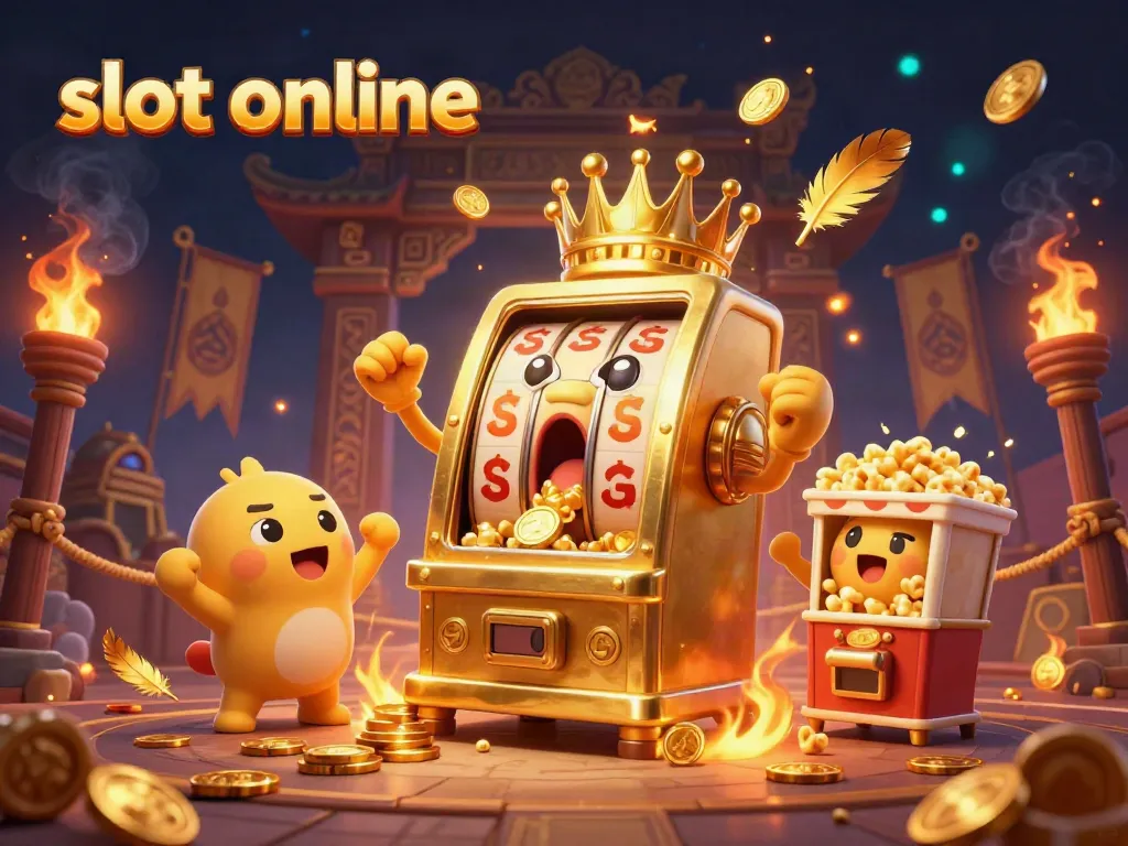 Bermain slot online seru di mesin slot emas yang mengeluarkan koin dengan meriah.