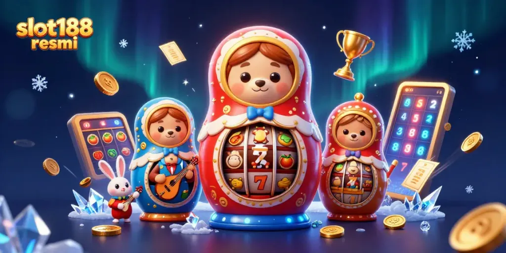 Slot188 resmi menyajikan ilustrasi 3D penuh warna dengan elemen mesin slot dan karakter unik yang bersaing.
