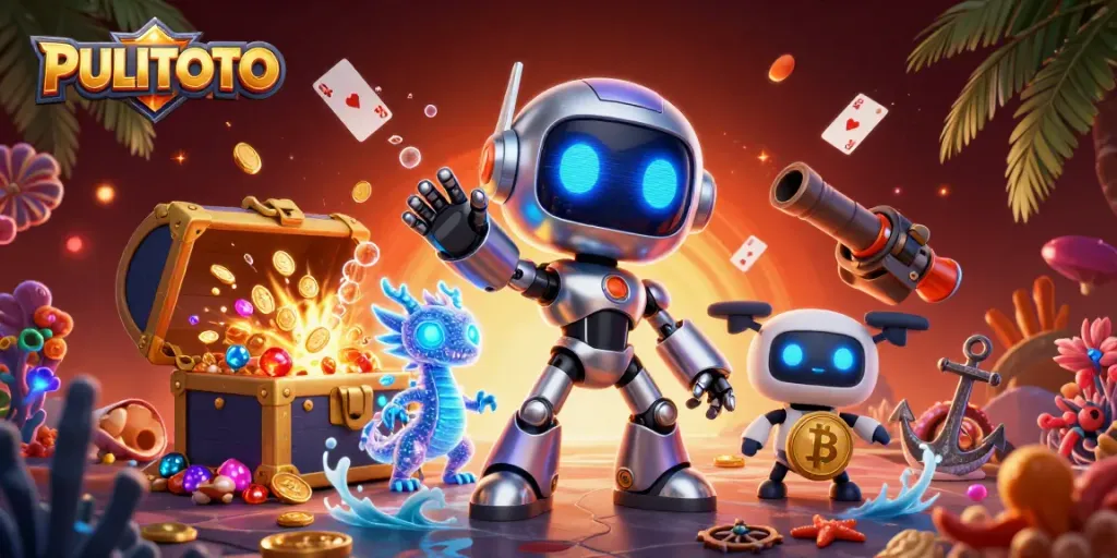 PULITOTO showcases a vibrant cyberpunk scene with a robot mascot and bitcoin, celebrating casino wins.
