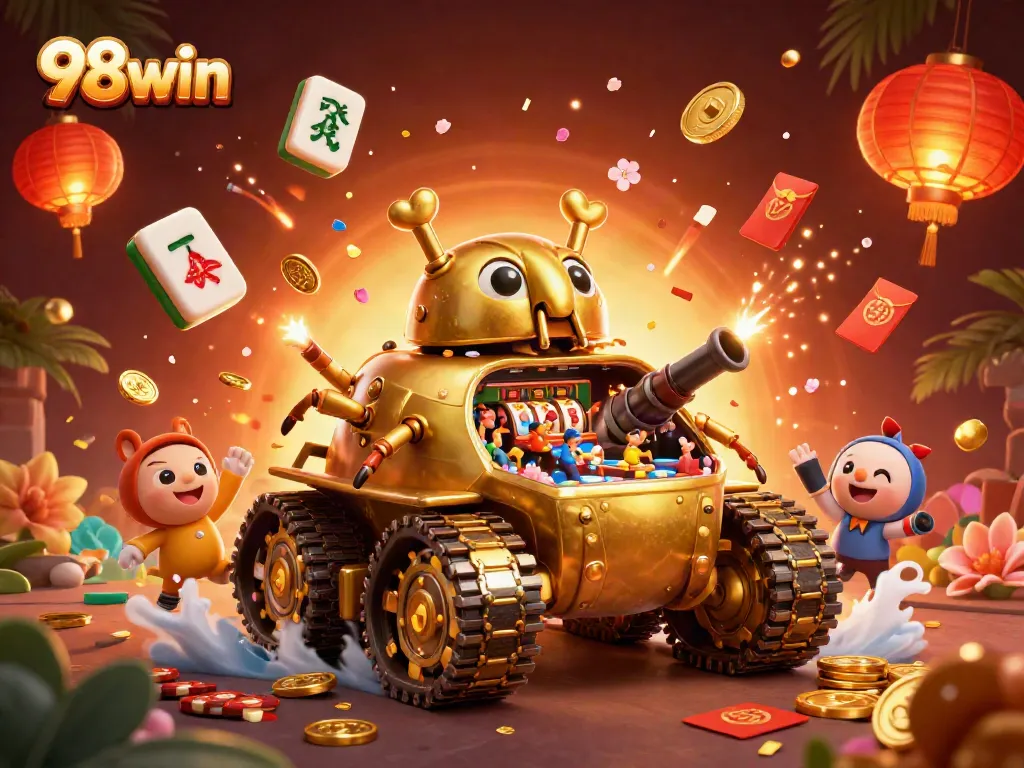 Experience the excitement of 98win with a vibrant casino scene in a massive golden beetle tank.