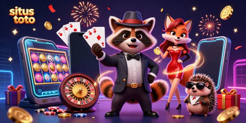 Gambaran menarik situs toto dengan karakter lucu, permainan slot, dan suasana kasino yang meriah.
