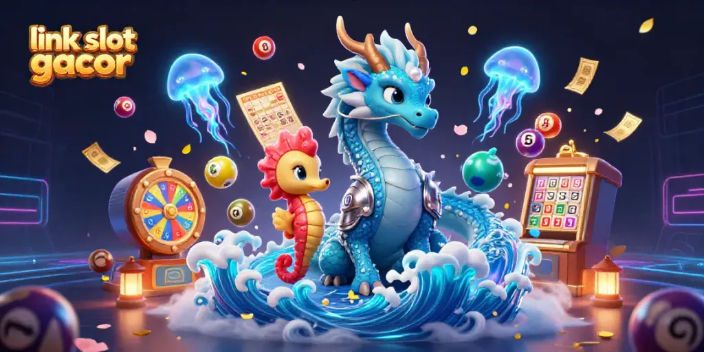 Mainkan link slot gacor sambil menyaksikan ilustrasi naga air dan kuda laut berani dikelilingi peralatan kasino yang cerah.