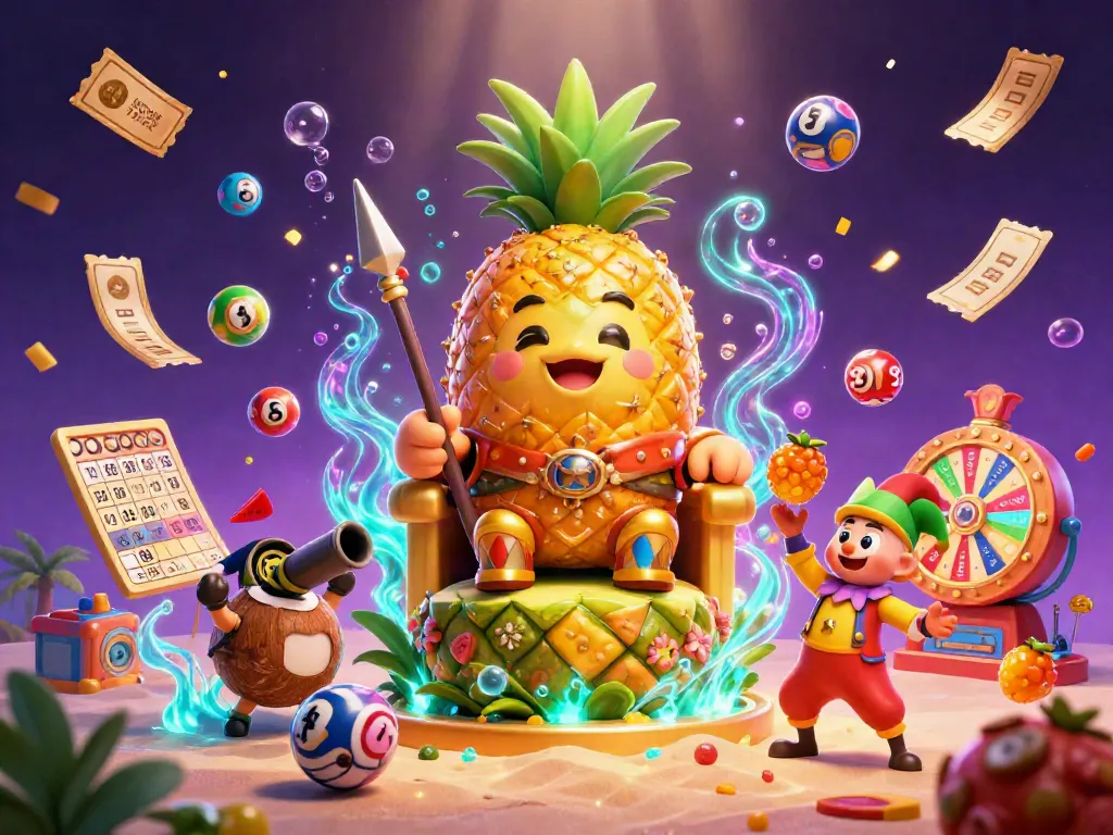 Engage with LGOGOAL's dynamic beach casino scene, featuring a golden pineapple king and lively gaming elements.