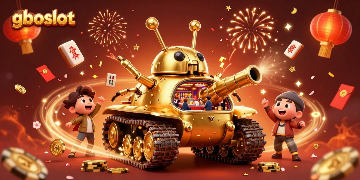 Memenangkan jackpot di gboslot dengan tank kasino emas yang menembakkan koin dan confetti.