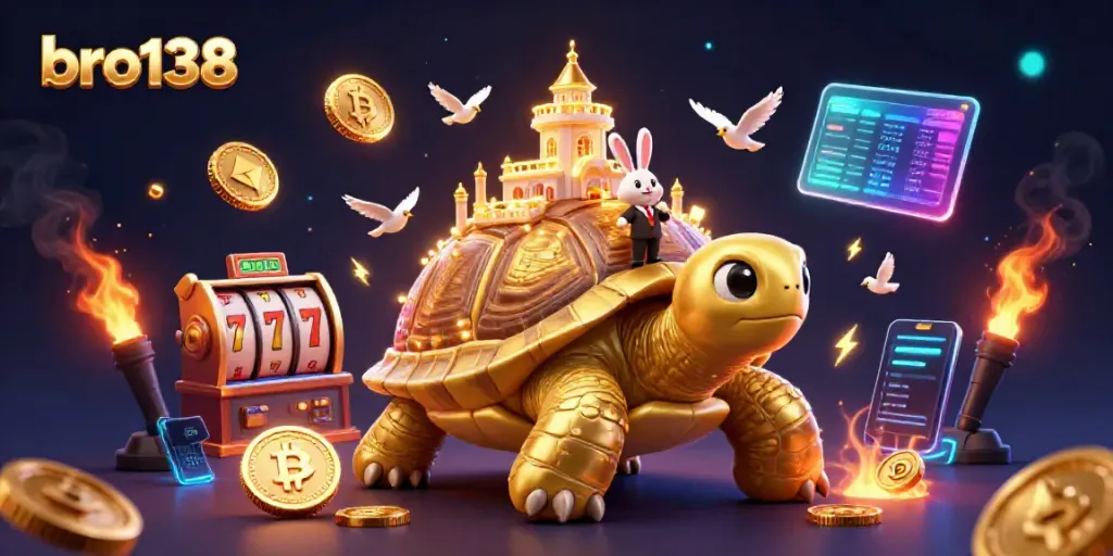 Engage with bro138's thrilling slot gaming, featuring a golden tortoise casino and enchanting characters.