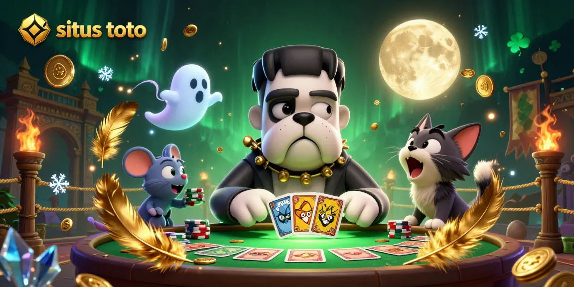 Permainan situs toto dengan karakter anjing Frankenstein dan kucing werewolf di meja hijau spooky.
