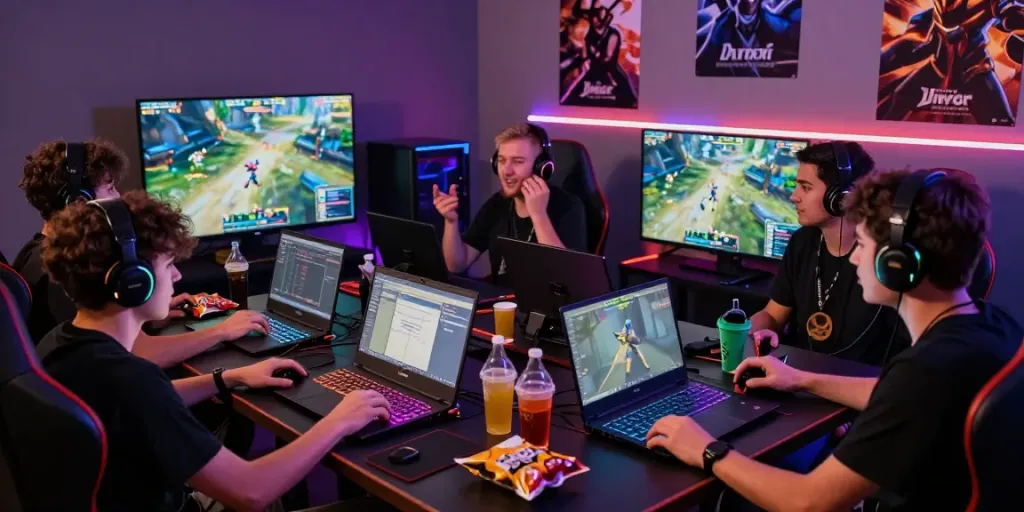 Gamer sedang bermain Kediritoto bersama teman-teman pada suasana kompetitif dengan perangkat gaming modern.