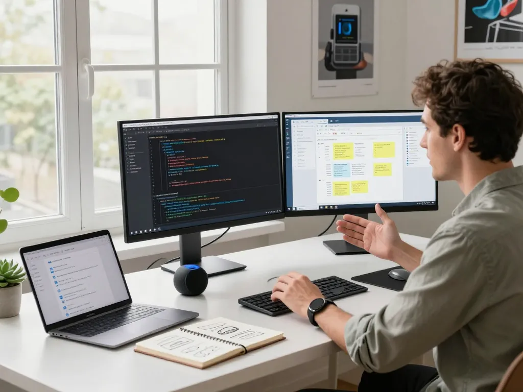 Developer using Clawdbot AI on dual monitors in a bright and inviting home office, showcasing productivity and innovation.
