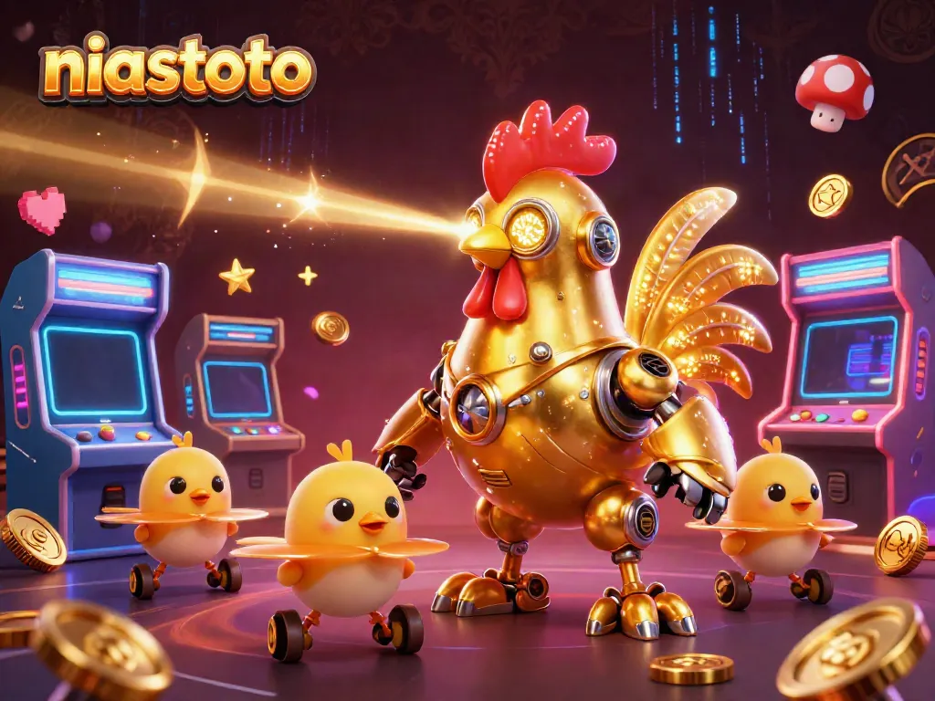 Menangkan jackpot di niastoto dengan robot ayam emas futuristik yang memancarkan laser.