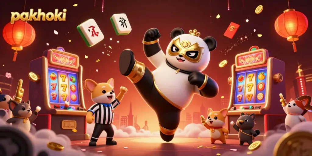 Panduan permainan pakhoki dengan panda gulat terbang dan penonton hewan, simbol kasino mengelilingi.