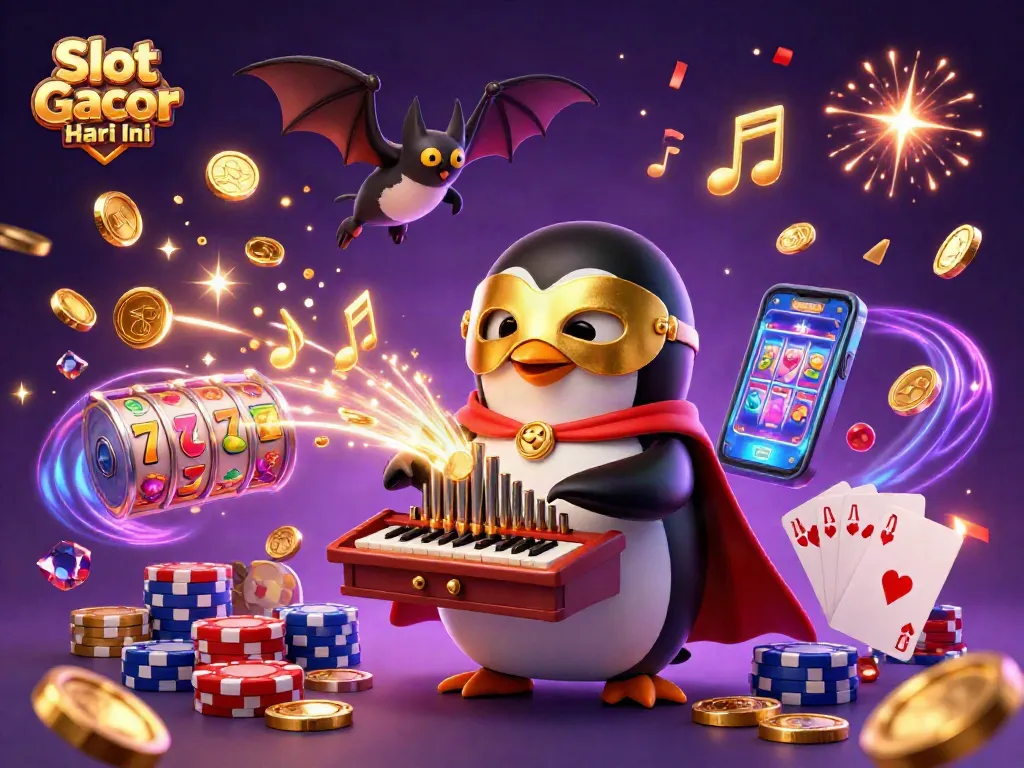 Win big today with Slot Gacor Hari Ini featuring a vibrant casino scene of playful characters and lively elements.