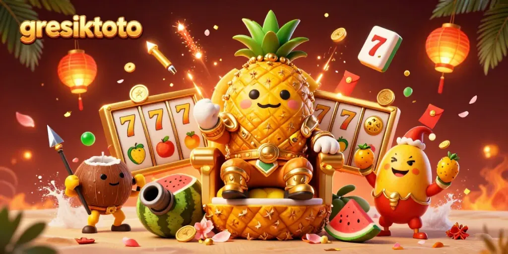 Experience the vibrant beach casino scene featuring the gresiktoto golden pineapple king and exciting game elements.