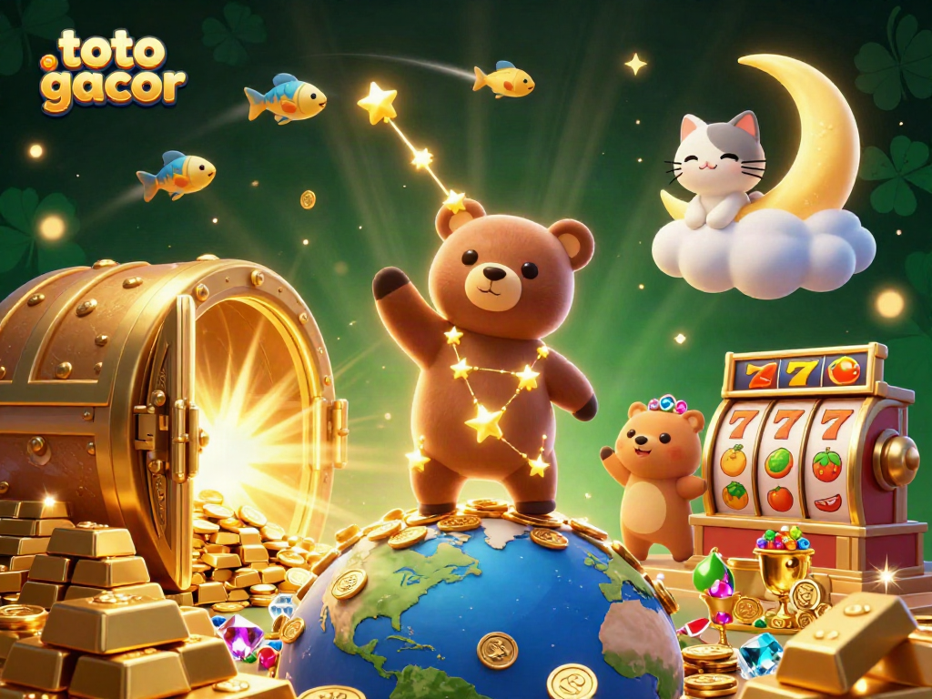 Toto gacor memikat dengan bintang beruang dan slot keberuntungan dalam ilustrasi 3D yang berkilauan.