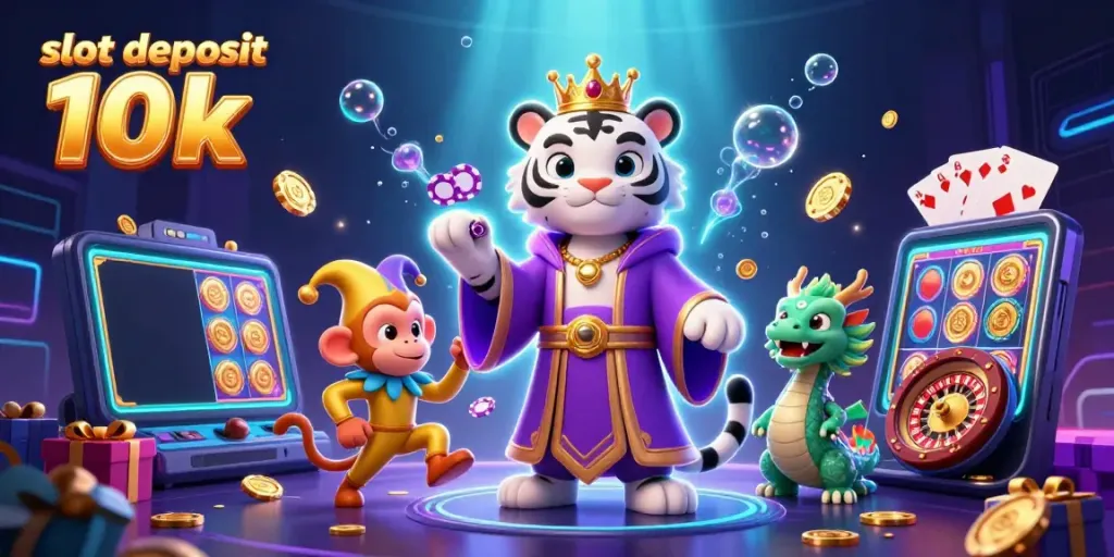 Slot deposit 10k menggambarkan permainan slot di antara karakter kartun 3D yang menarik.