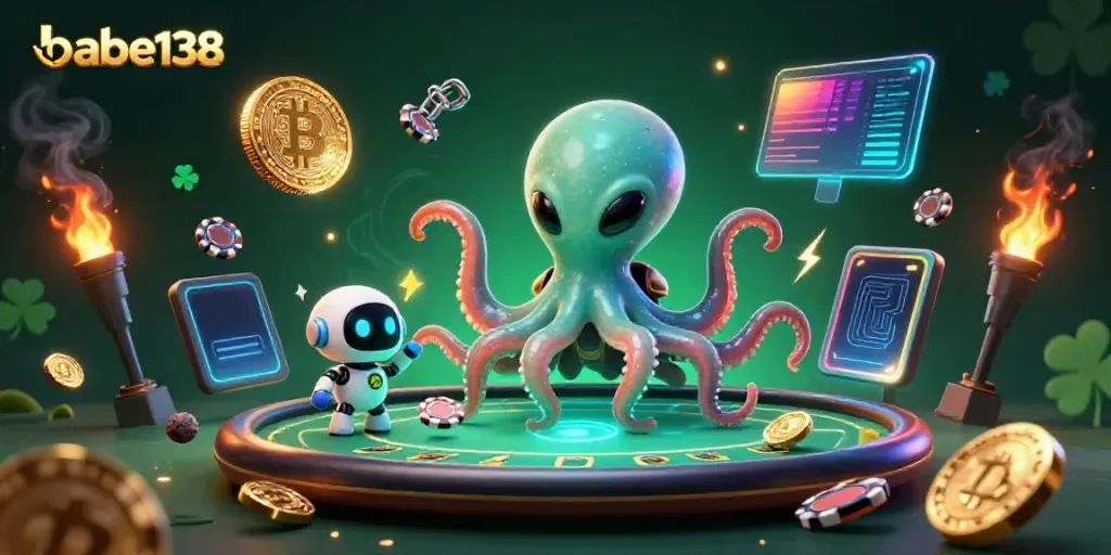 Serunya bermain di babe138 dengan alien kartun dan robot, dikelilingi koin crypto yang berkilau.